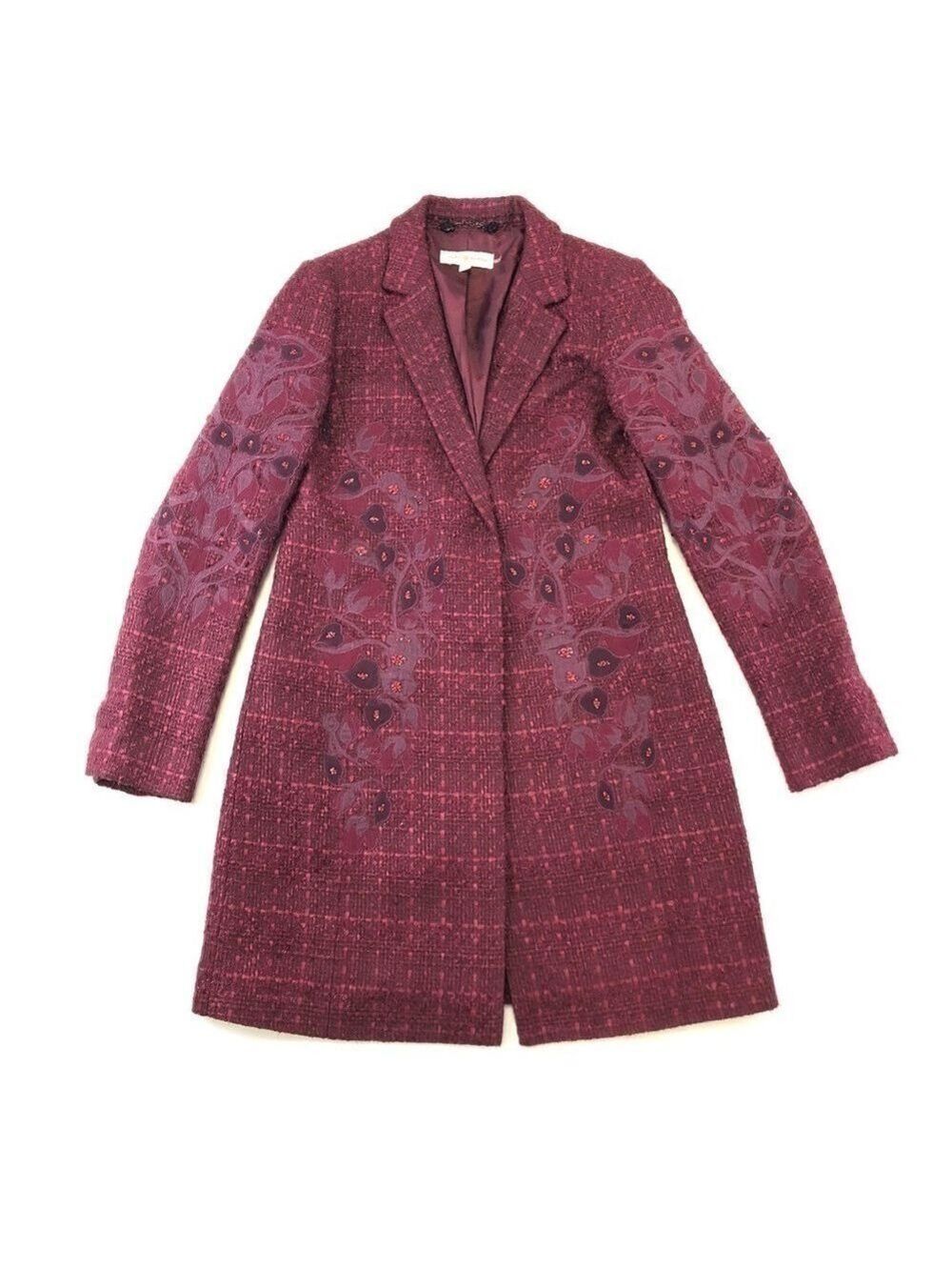 Tory Burch Patsy Glazed Tweed dark plum long line coat Size 2 appliqué embellish - Picture 2 of 14